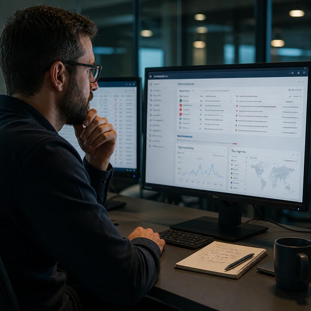 Security administrator reviewing alerts, sign-in records and incident notes on a computer screen