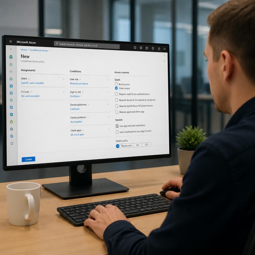 Conditional Access policy settings showing user assignments, conditions and access controls