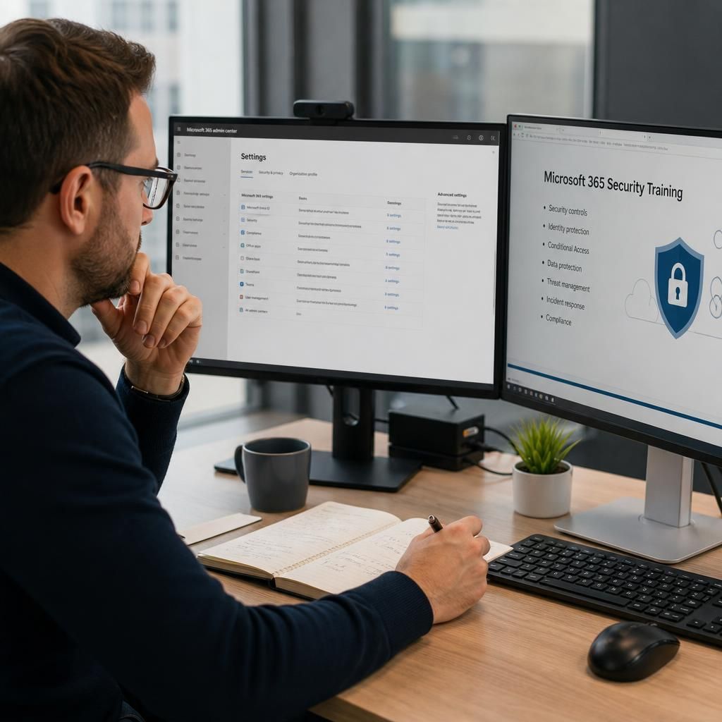 Administrator reviewing Microsoft 365 security training materials beside tenant settings