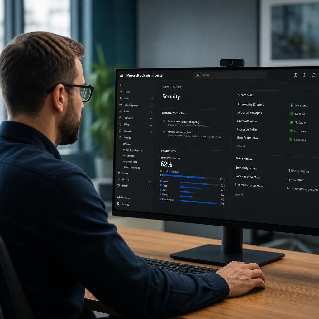 Administrator reviewing Microsoft 365 security settings in a controlled test tenant