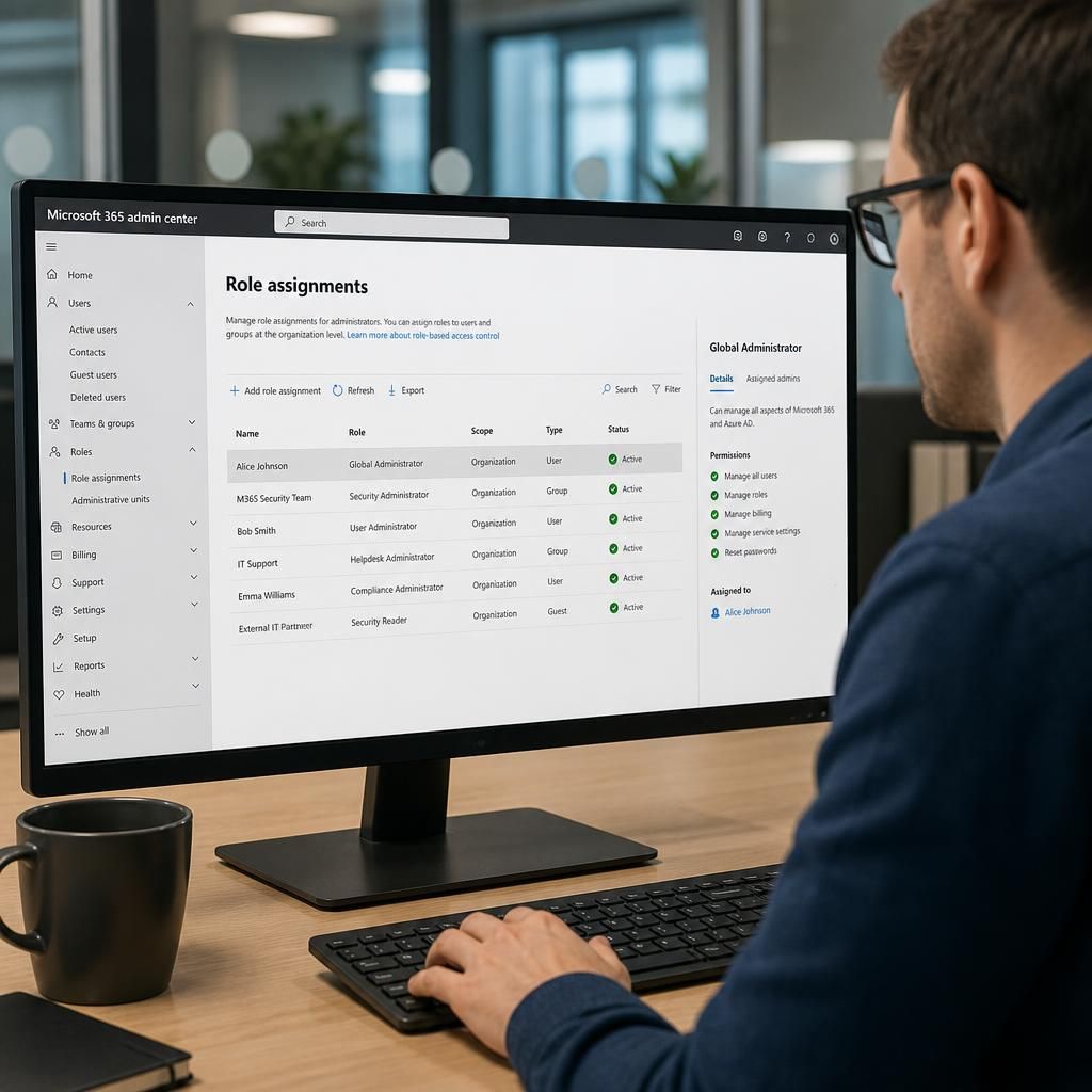 Microsoft 365 admin centre showing security role assignments and permissions