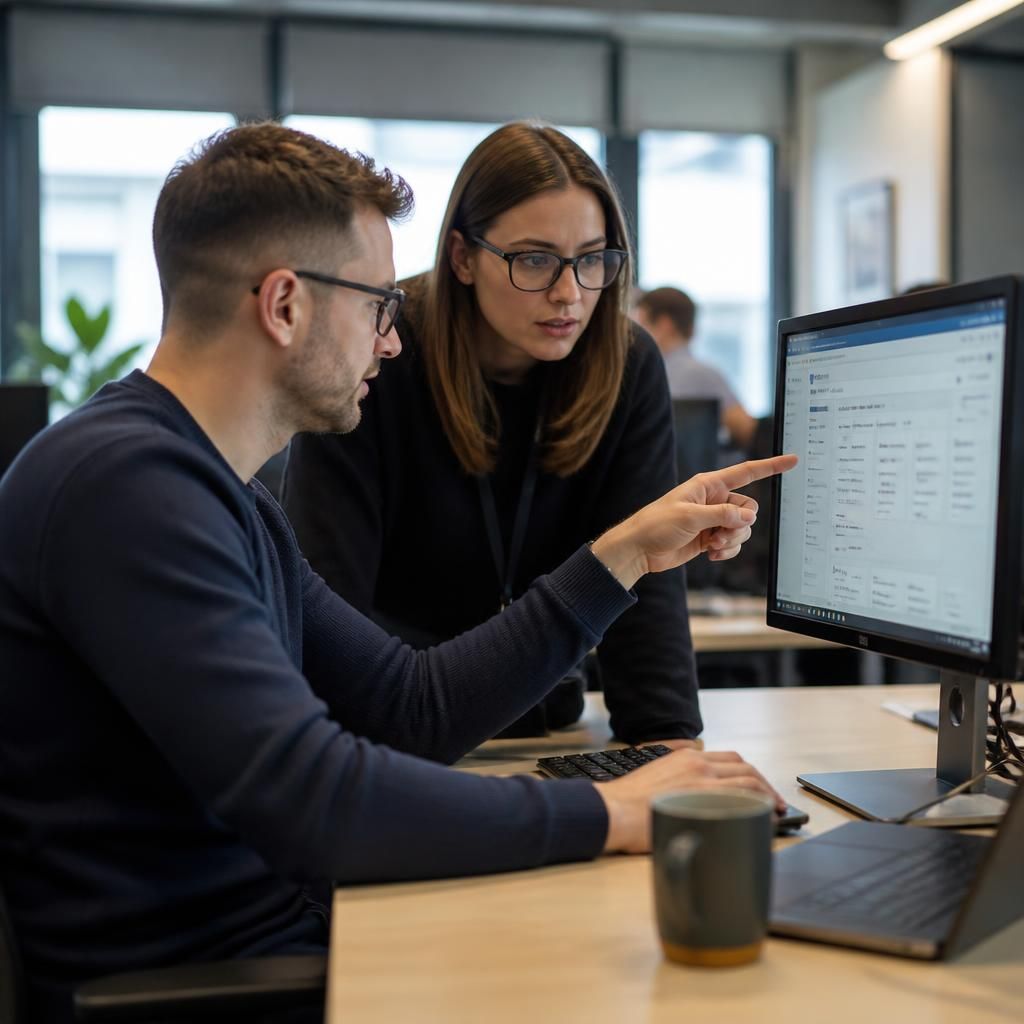 IT specialist reviewing Microsoft 365 security settings on a computer with a colleague