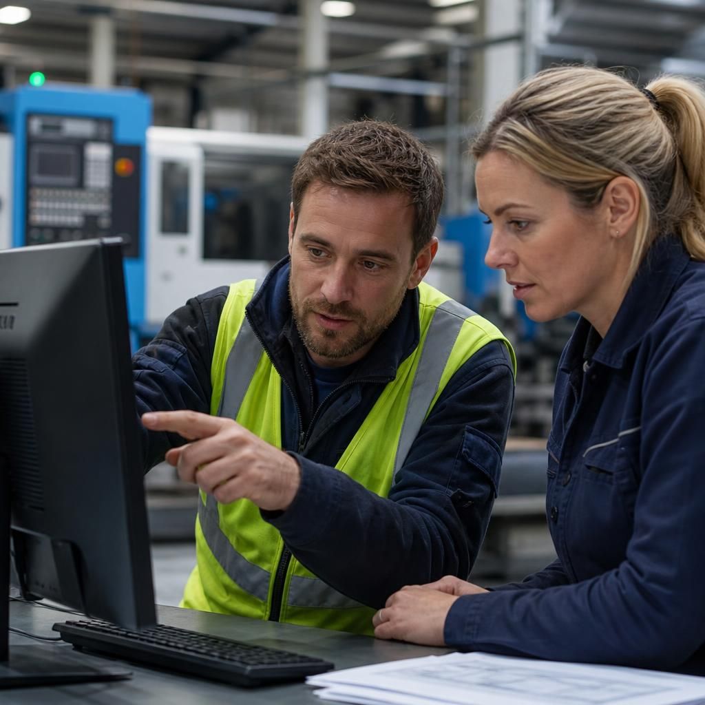 Manufacturing staff reviewing Microsoft 365 security policies on a computer