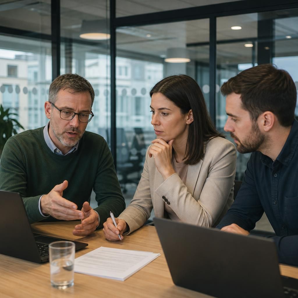 Multi-site business team discussing Microsoft 365 security administration