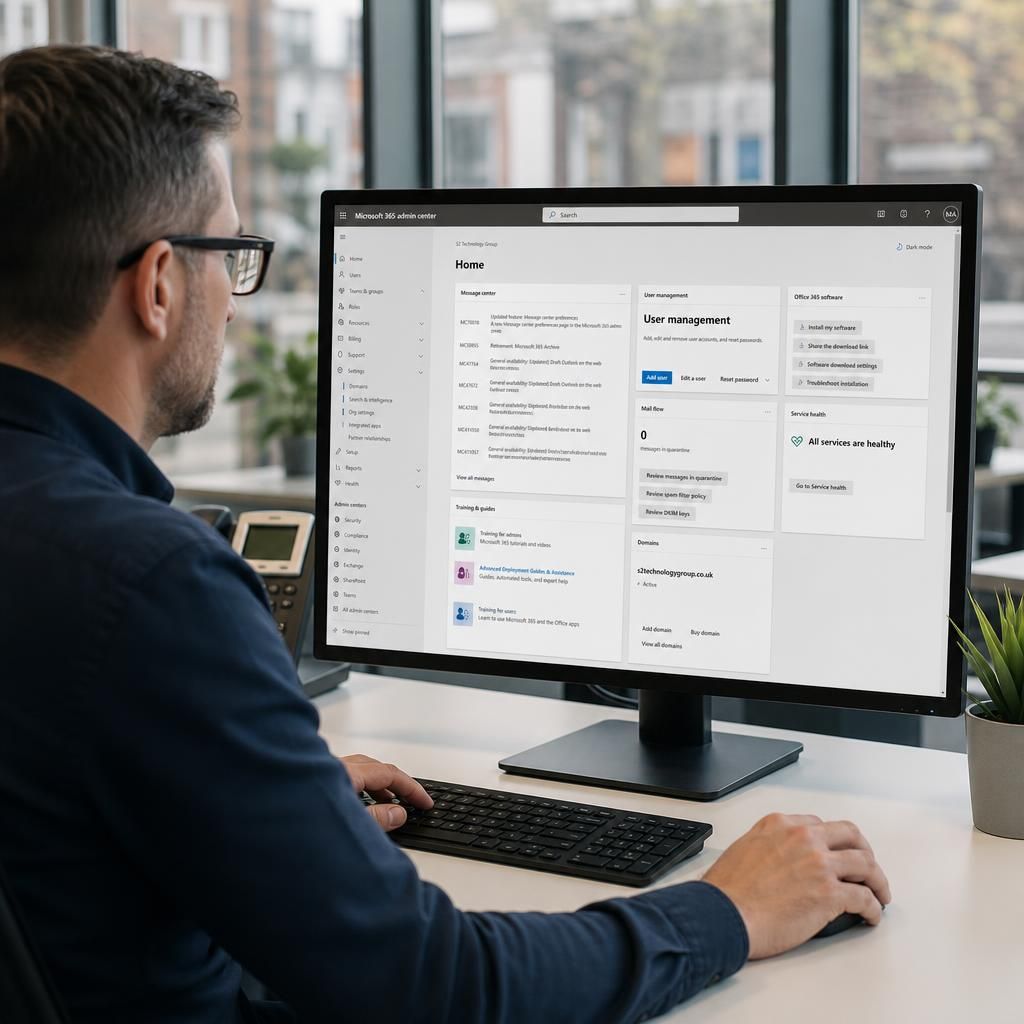 Microsoft 365 email administration dashboard showing mailbox settings and message flow controls