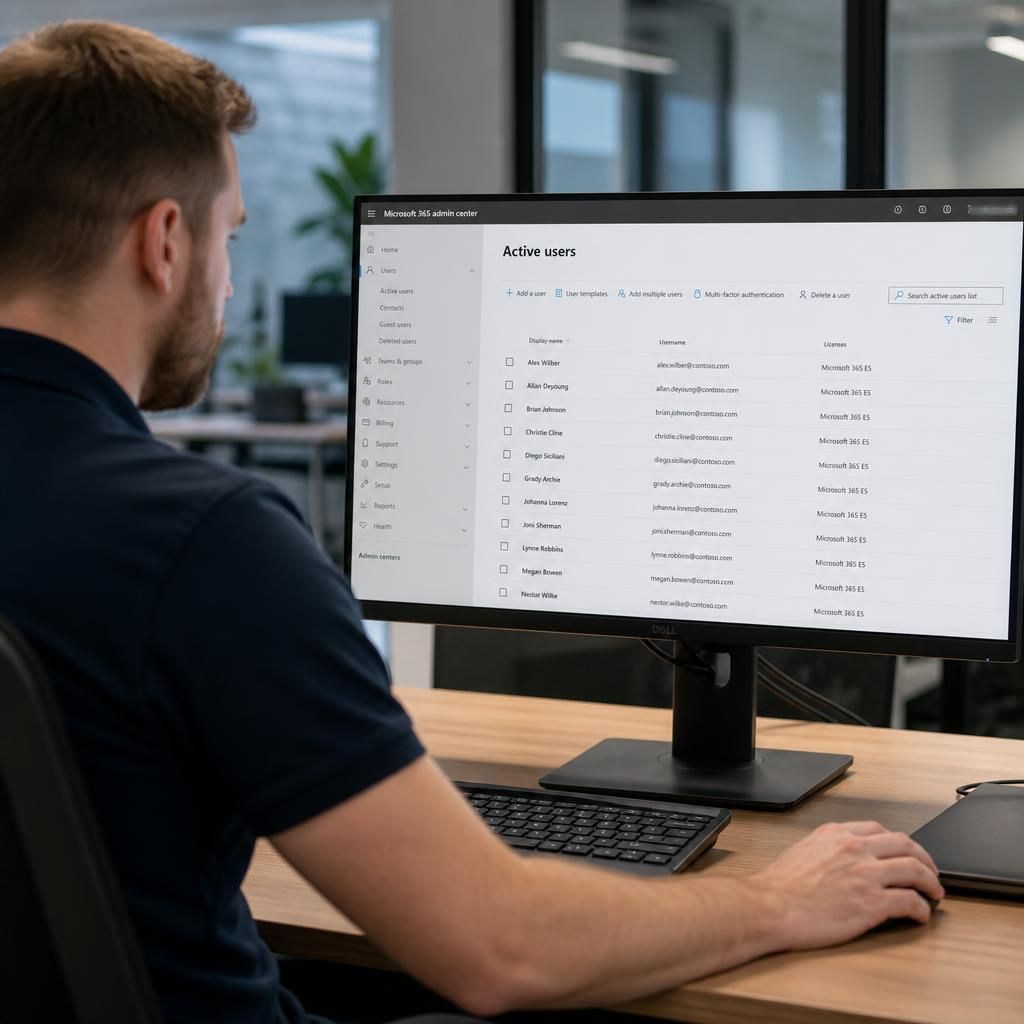Administrator reviewing Microsoft 365 user accounts and access permissions on a computer screen