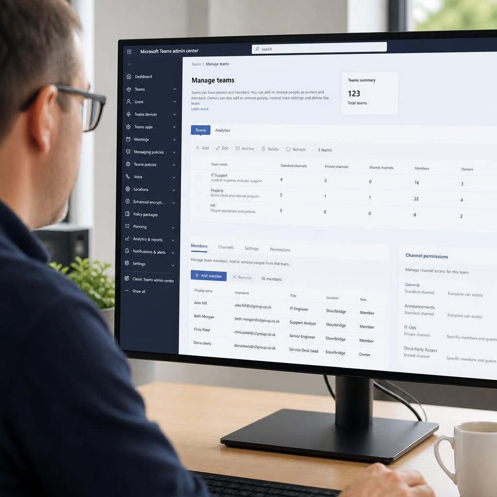 Microsoft Teams administration panel showing team membership and channel permissions