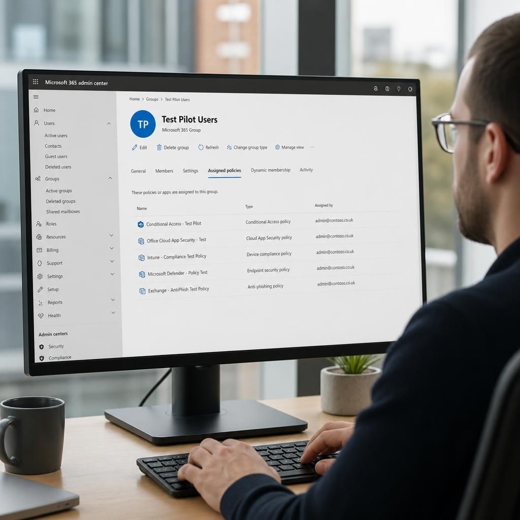 Microsoft 365 admin centre showing a policy assigned to a test group