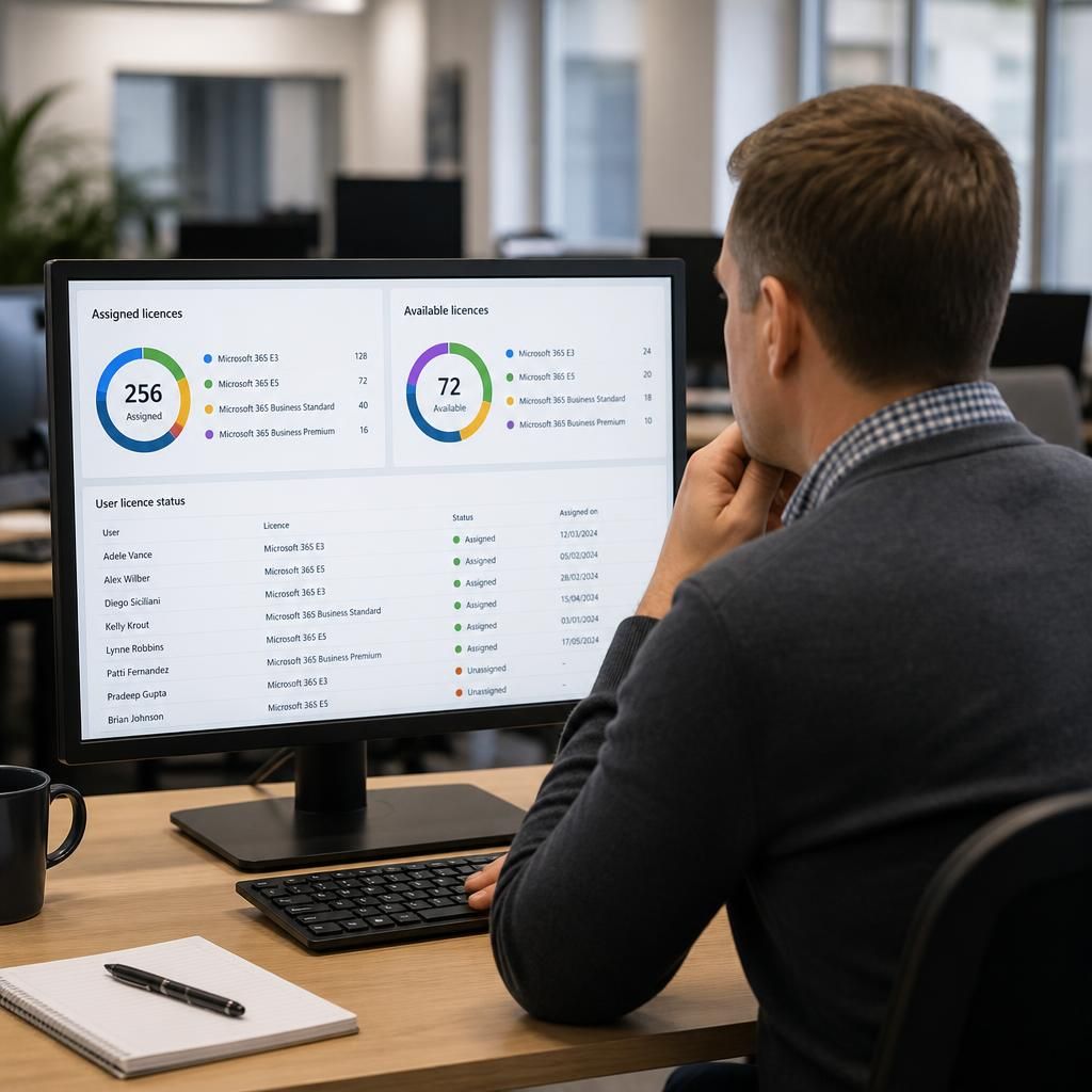 Microsoft 365 licence dashboard showing assigned and available licences