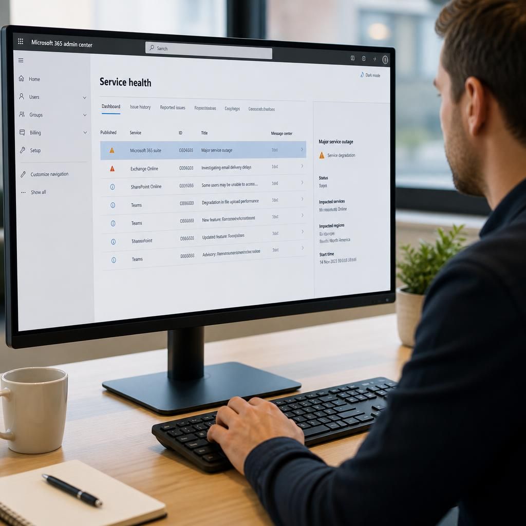 Microsoft 365 service health dashboard showing incident and advisory notifications