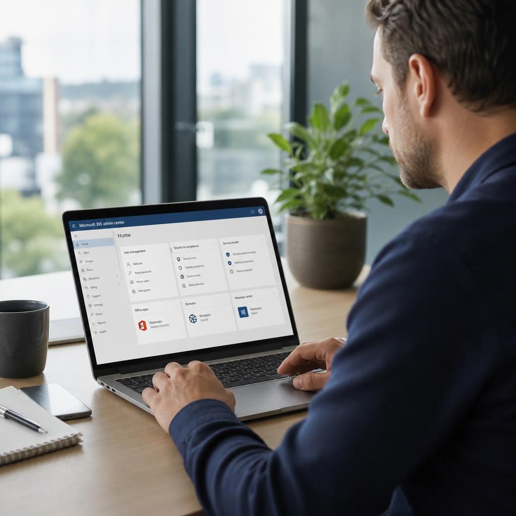 Administrator reviewing Microsoft 365 security settings on a laptop