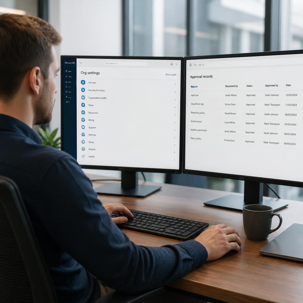 IT administrator reviewing Microsoft 365 settings and approval records on a computer