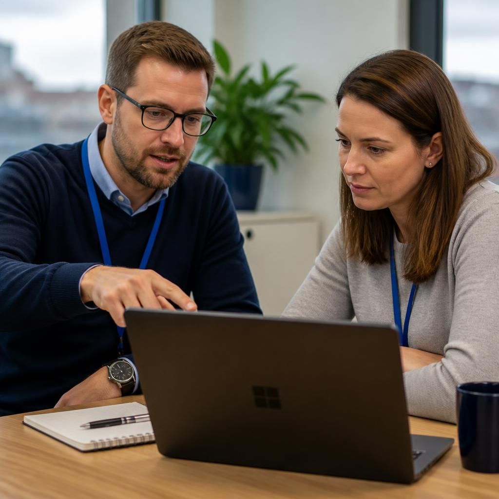 IT professional reviewing Microsoft 365 settings on a laptop with a colleague