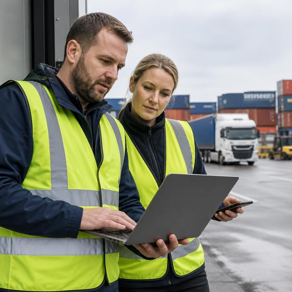 Logistics staff checking Microsoft 365 information on a laptop and mobile device