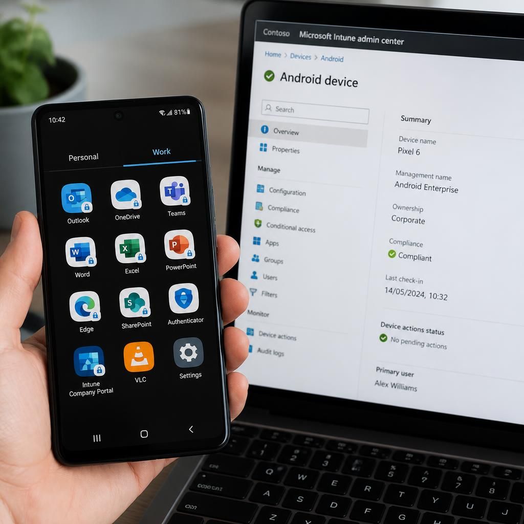 Android smartphone displaying a managed work profile beside Intune device settings
