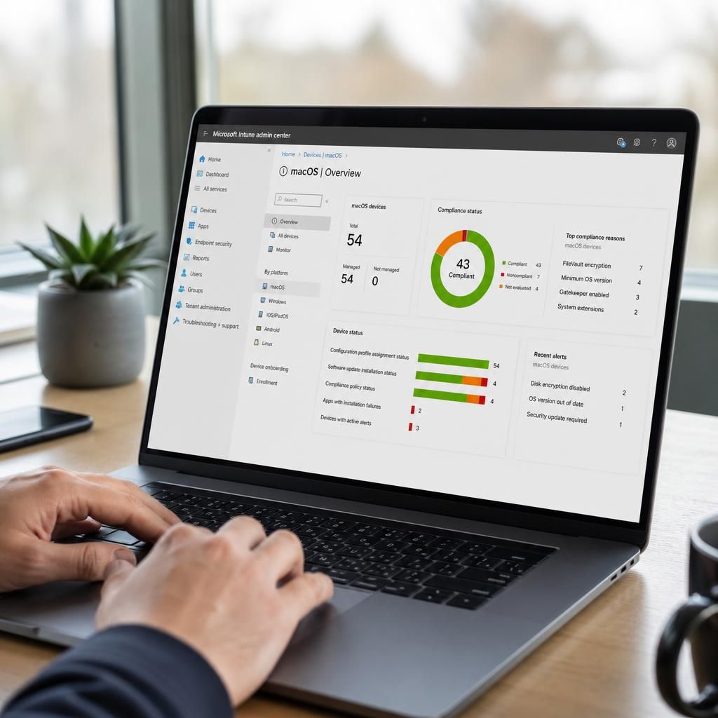 Microsoft Intune dashboard showing macOS device settings and compliance status