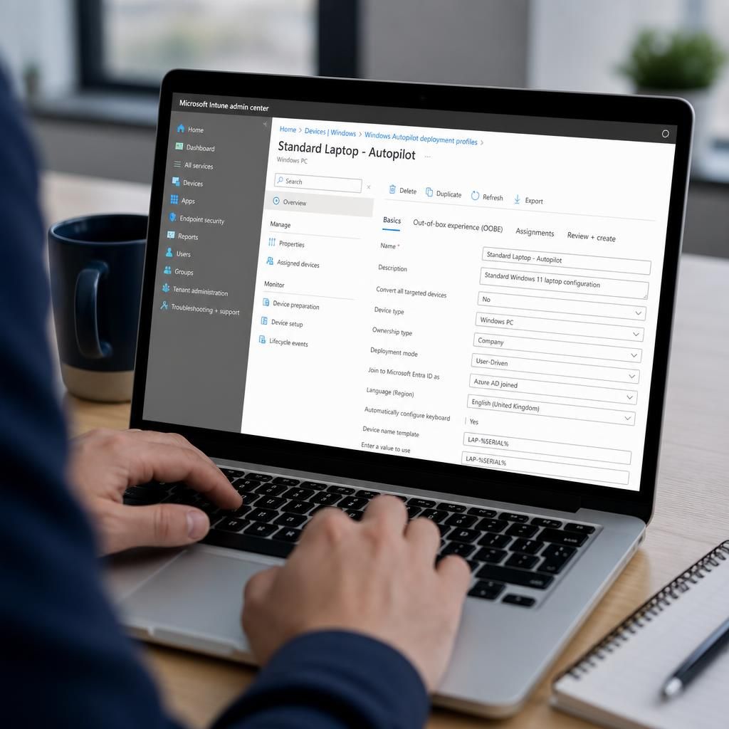 Laptop displaying Windows Autopilot device provisioning settings in Intune