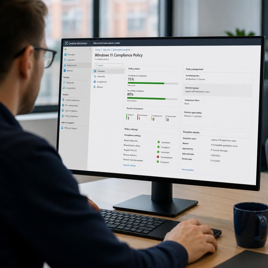 Compliance policy assignment screen showing scoped exclusions and exception review details