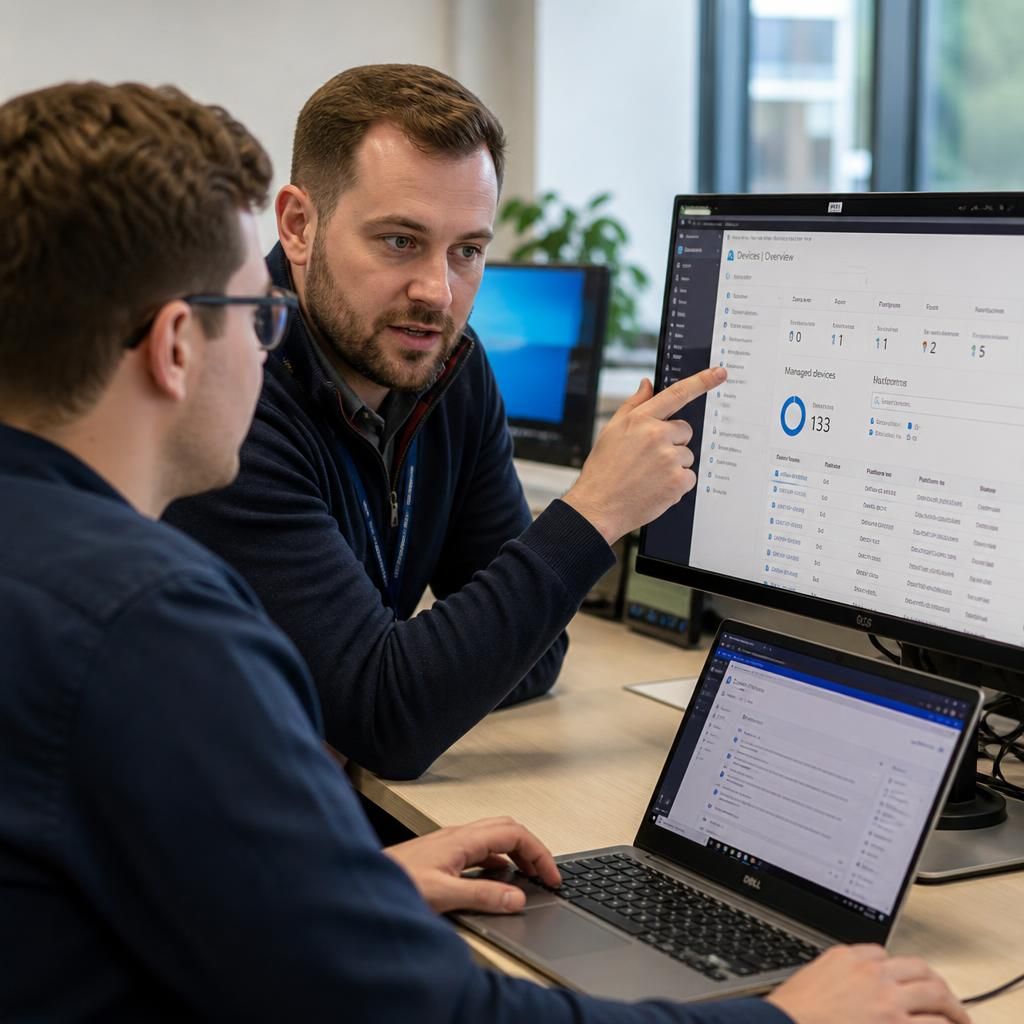 IT professional discussing Microsoft Intune settings with a colleague