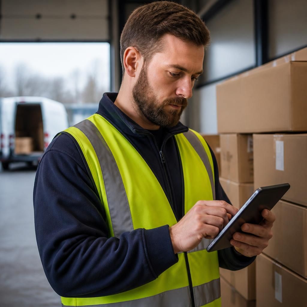 Logistics worker checking a managed mobile device