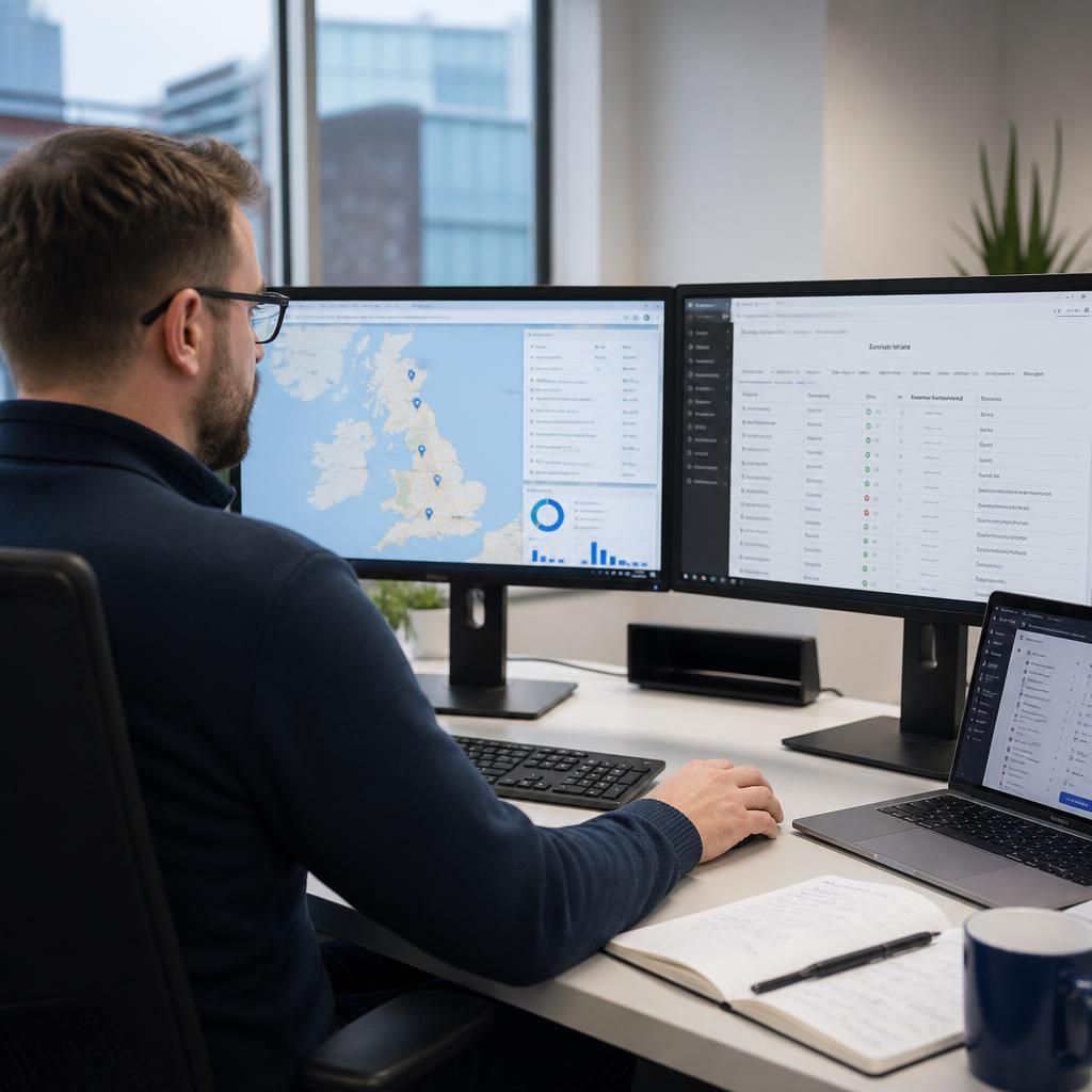 IT administrator mapping device policies across several business sites