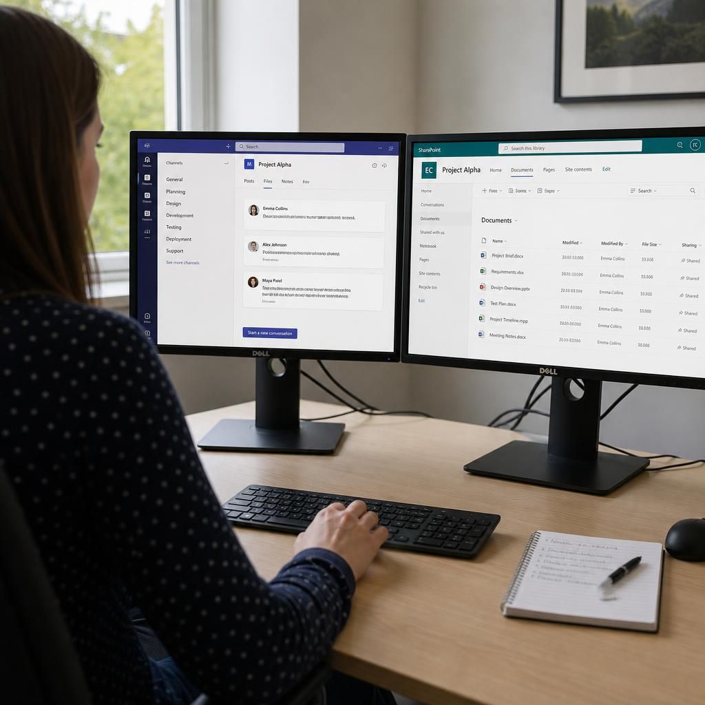 Learner reviewing a Teams channel and SharePoint document library during a troubleshooting exercise