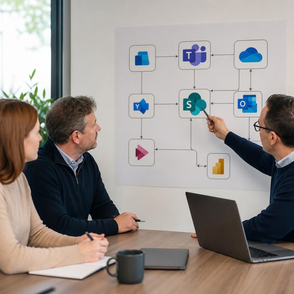 Trainer reviewing a Microsoft 365 workflow diagram with business users