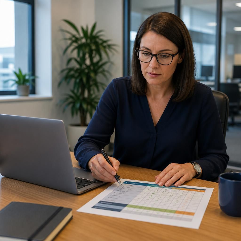 Trainer reviewing a Teams and SharePoint course comparison matrix