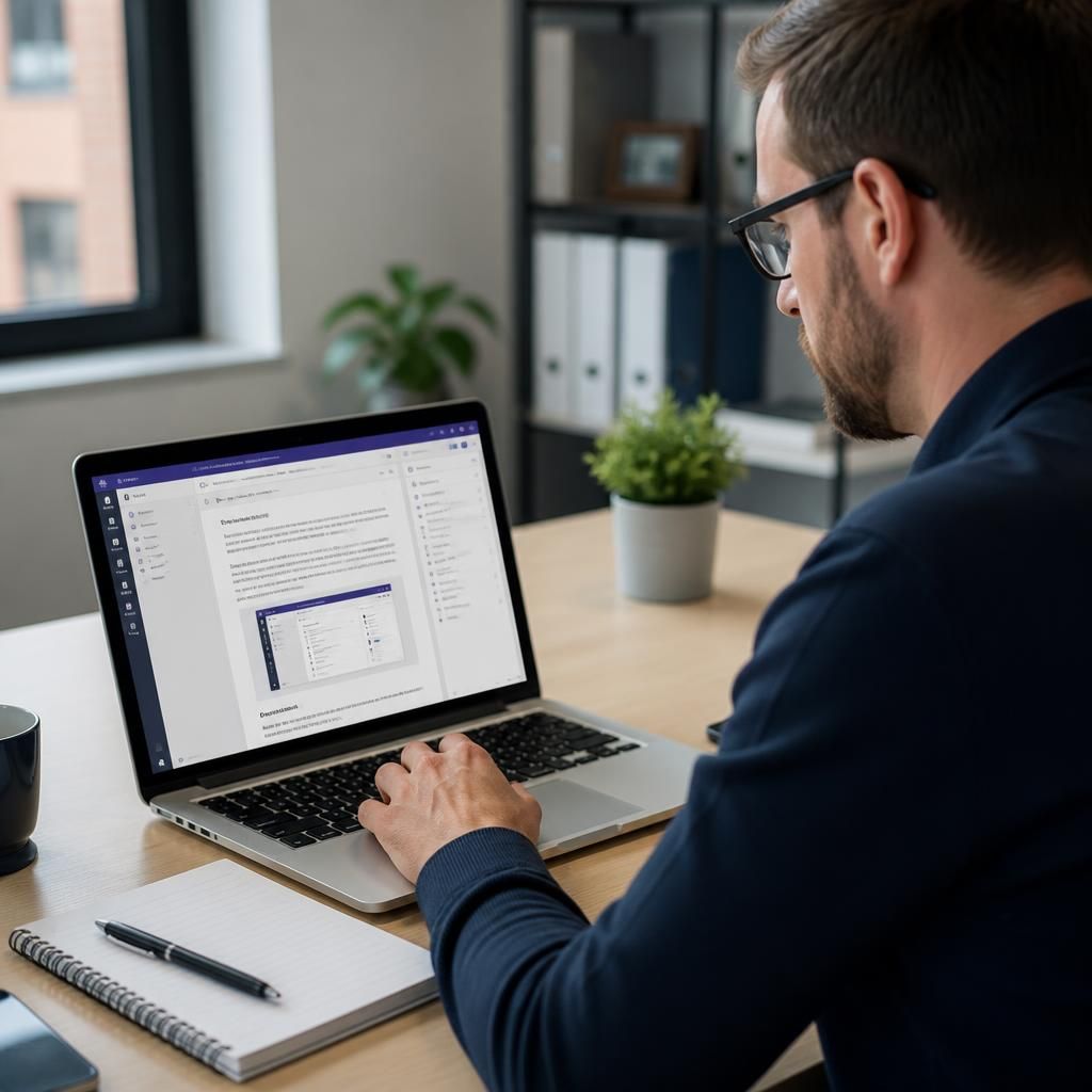 Trainer reviewing Teams and SharePoint course materials on a laptop