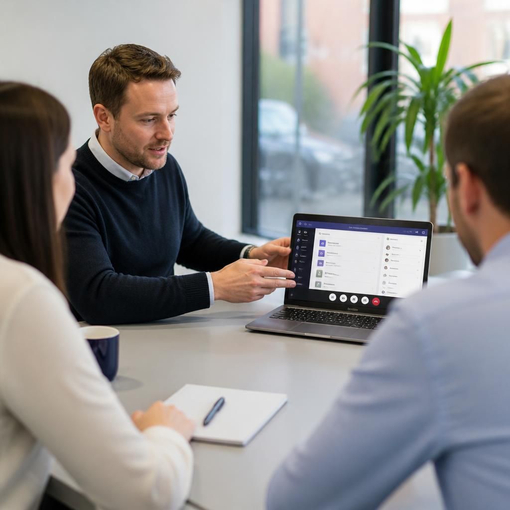 Trainer demonstrating Microsoft Teams meeting controls on a laptop screen