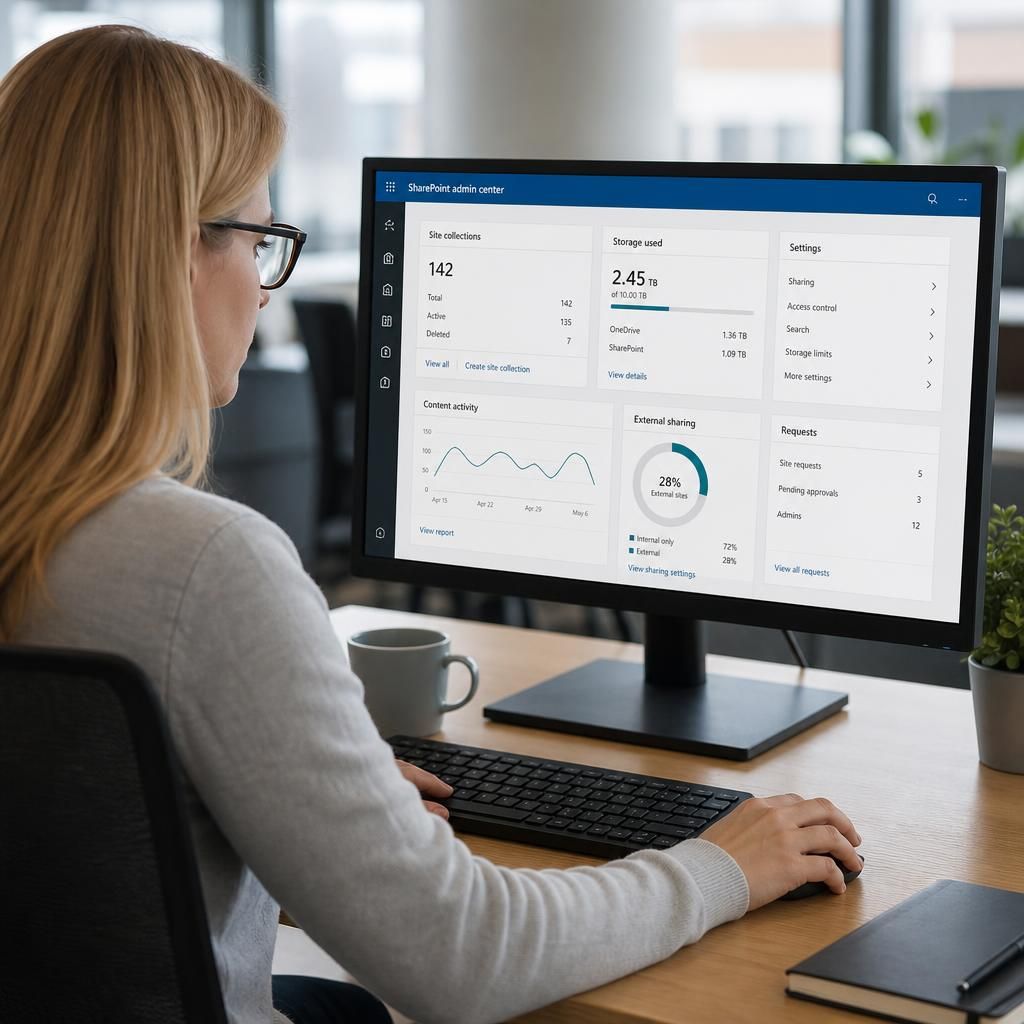 SharePoint administration dashboard showing site settings, permissions and activity reports