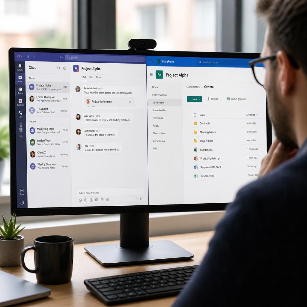 Teams chat beside a SharePoint document library on a computer screen