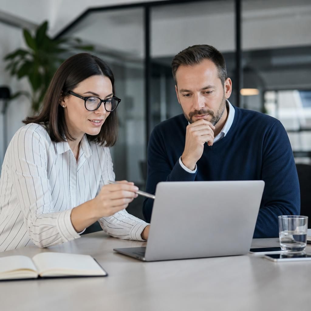 Colleagues reviewing Microsoft Teams messages and SharePoint files on a laptop