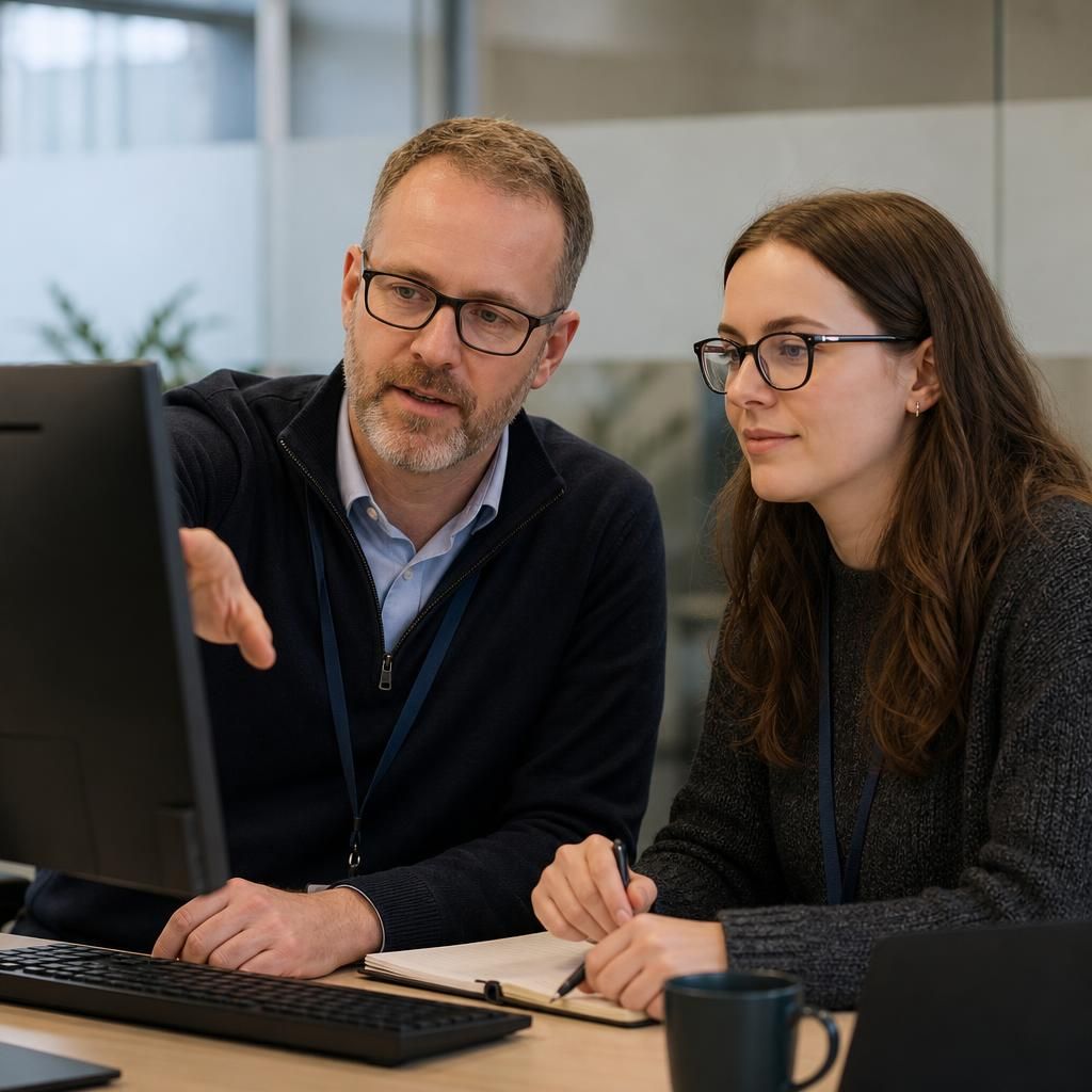 IT specialist discussing Microsoft 365 tools at a computer