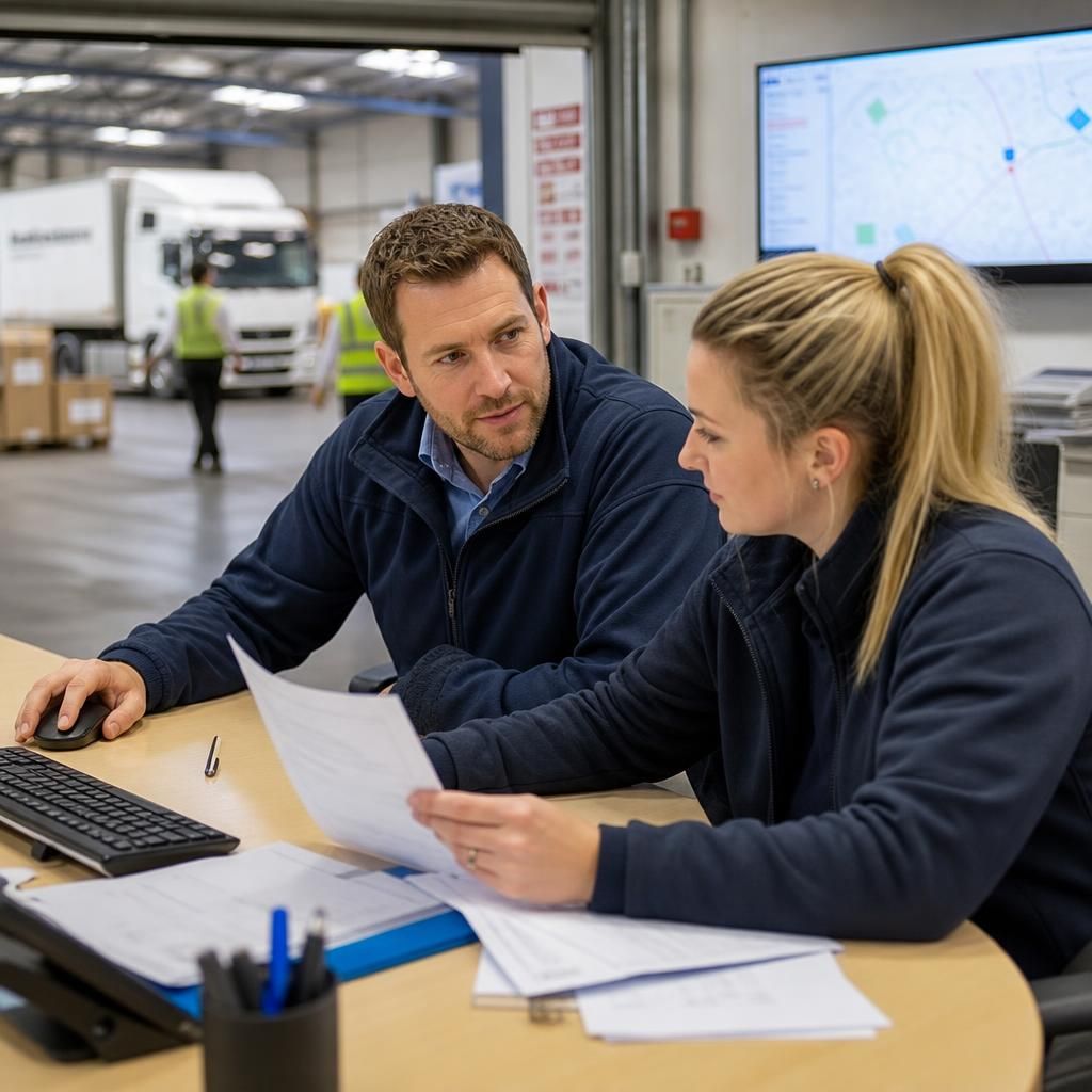 Logistics staff coordinating information across business operations