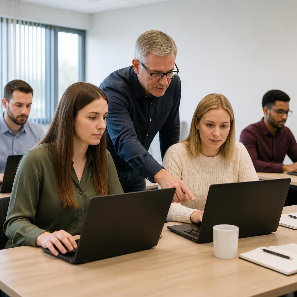 Trainer guiding employees through Microsoft 365 tasks on laptops in a classroom