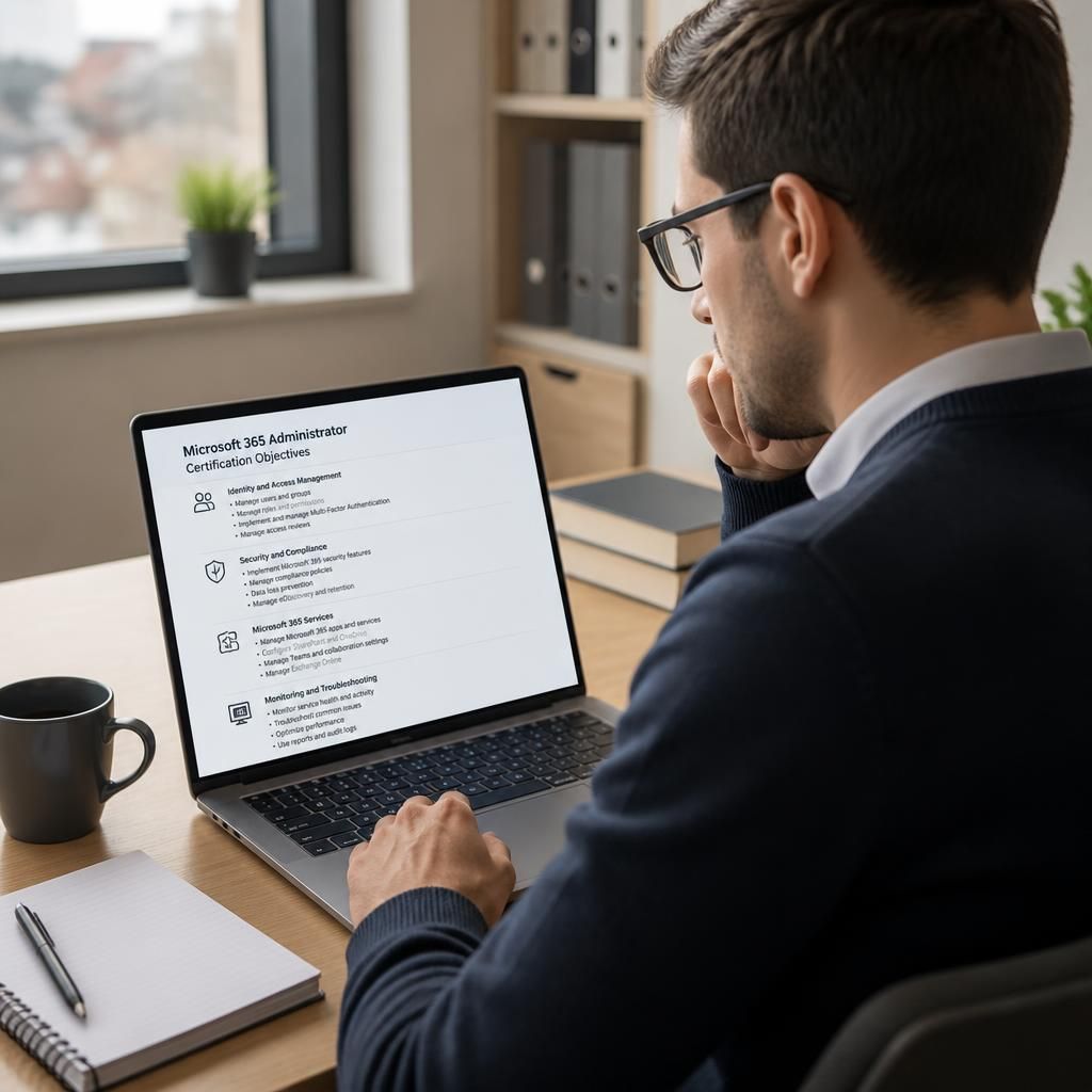 Learner reviewing Microsoft 365 certification objectives on a laptop