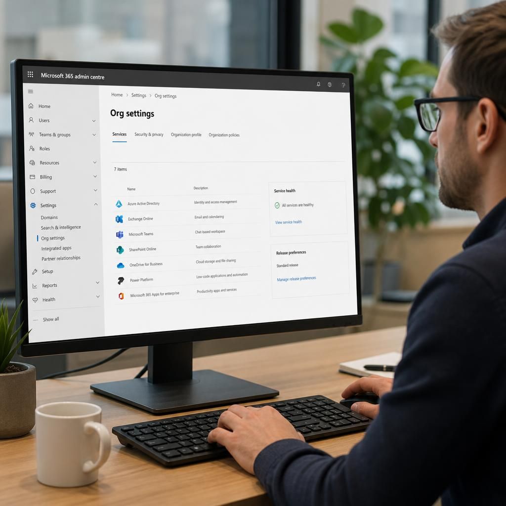 Microsoft 365 admin centre displaying tenant settings and service configuration panels