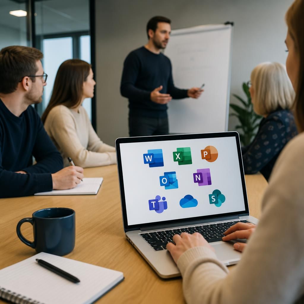 Microsoft 365 applications displayed on a laptop screen during staff training