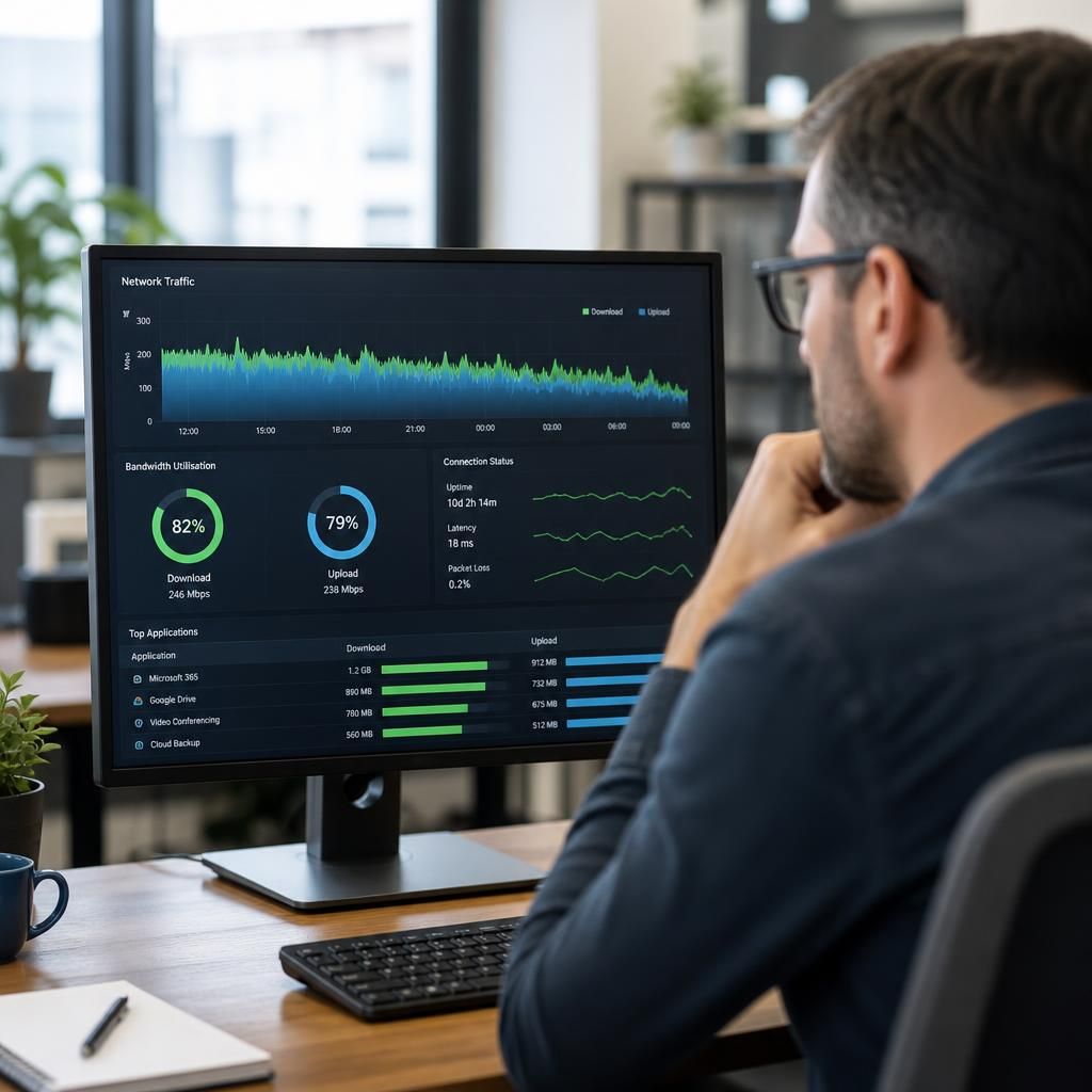 Network dashboard displaying upload and download traffic for a business connection
