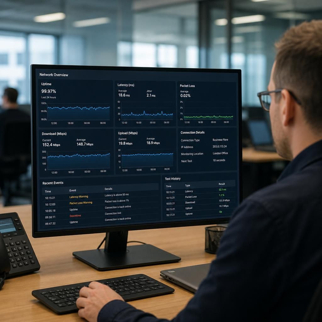Network dashboard displaying broadband latency, packet loss and uptime readings