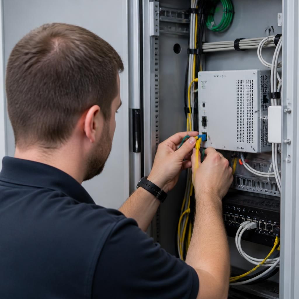 Engineer connecting broadband equipment in a communications cabinet