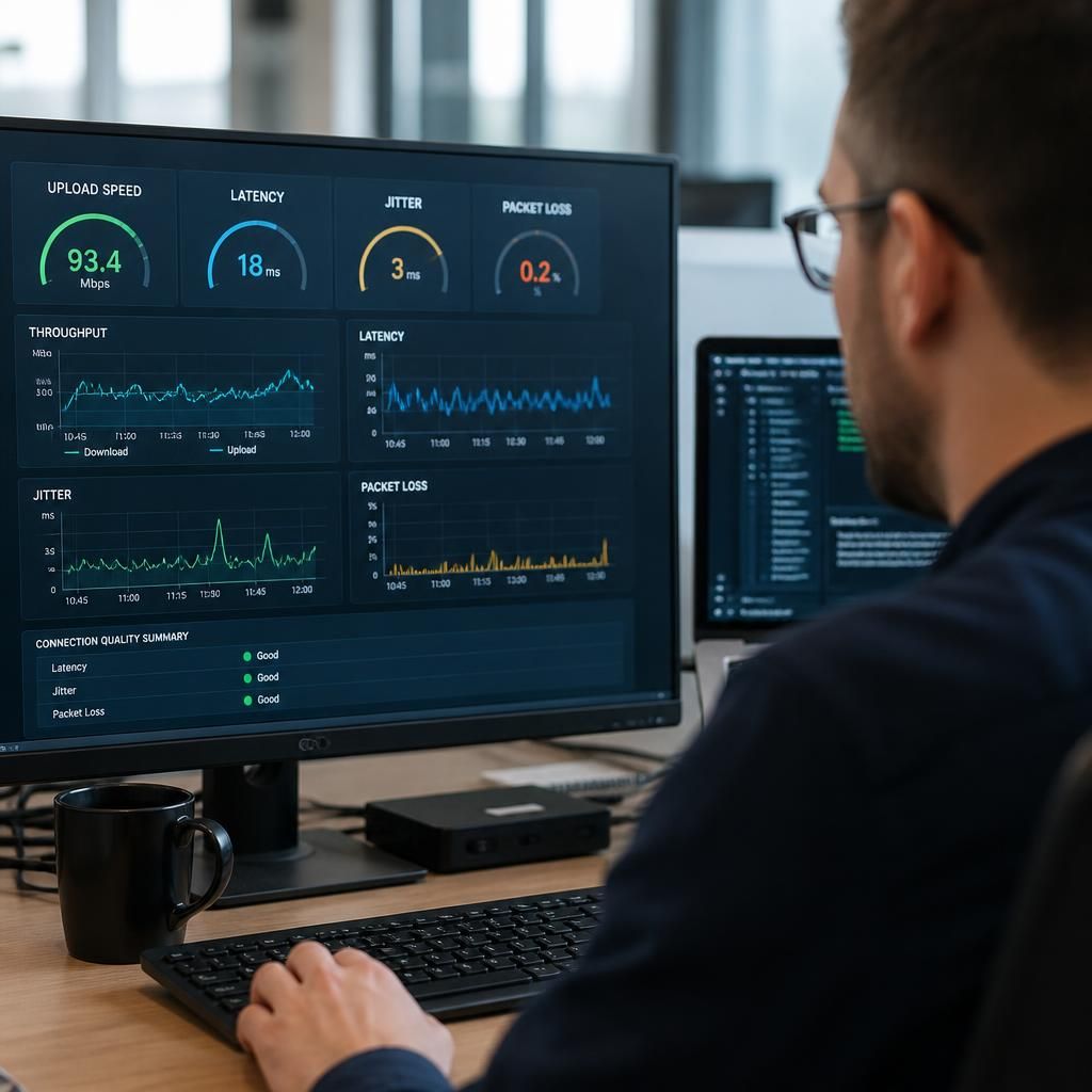 Business network dashboard showing upload speed, latency, jitter and packet loss measurements