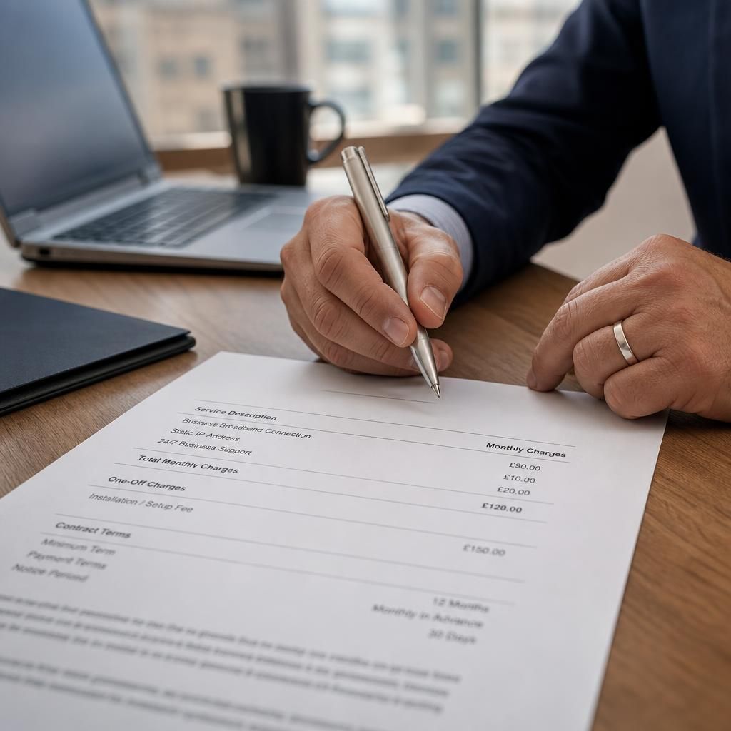 Business broadband contract showing monthly charges, setup fees and service terms