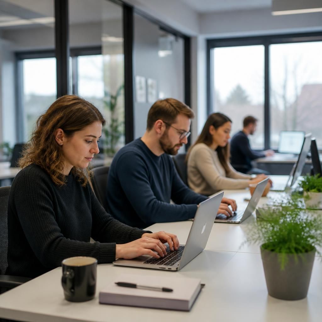 Office staff using laptops for cloud-based business applications
