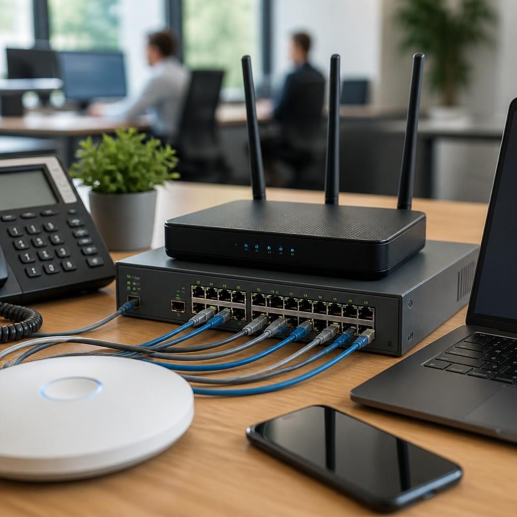 Business router, network switch and connected office devices on a desk