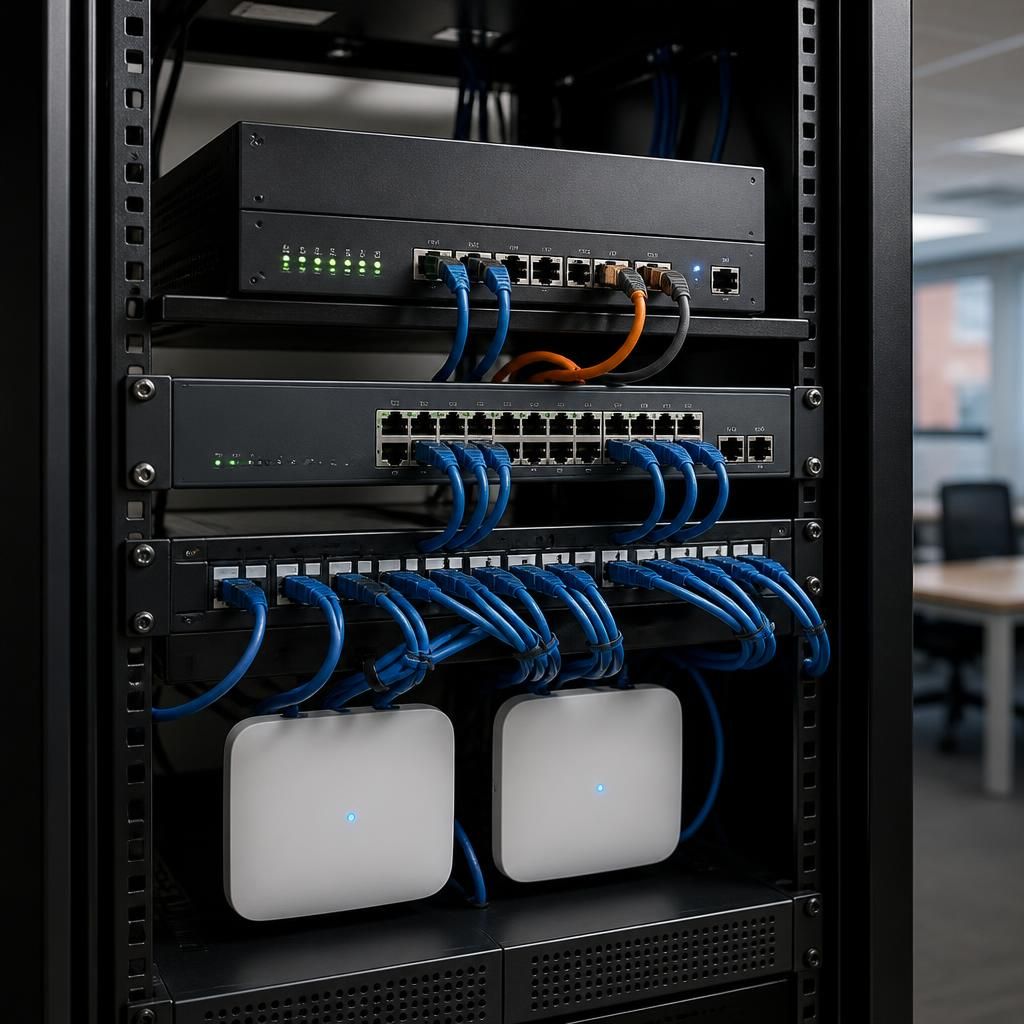 Business network firewall connected to switches, wireless access points and office devices