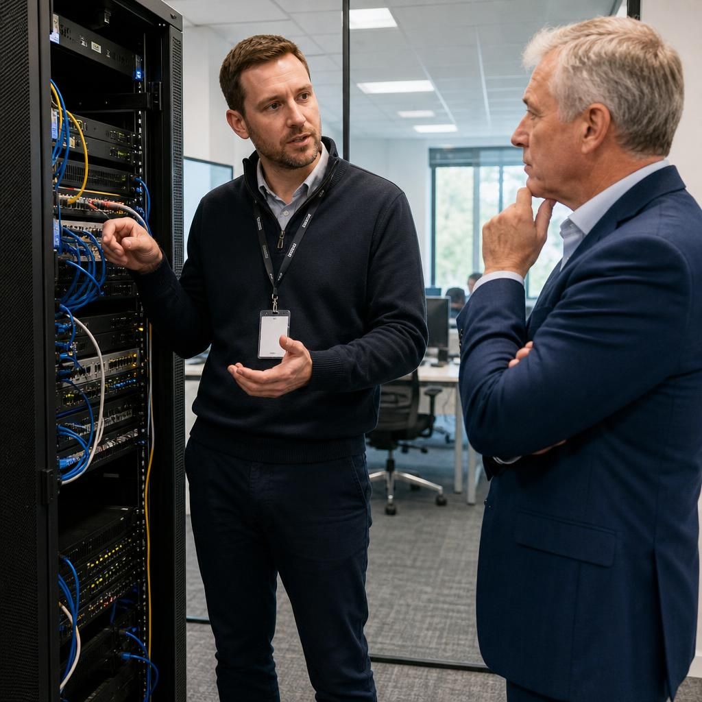 IT specialist discussing network equipment with a business client
