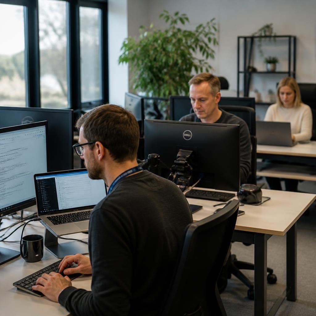 Professionals working across connected computers in a business office