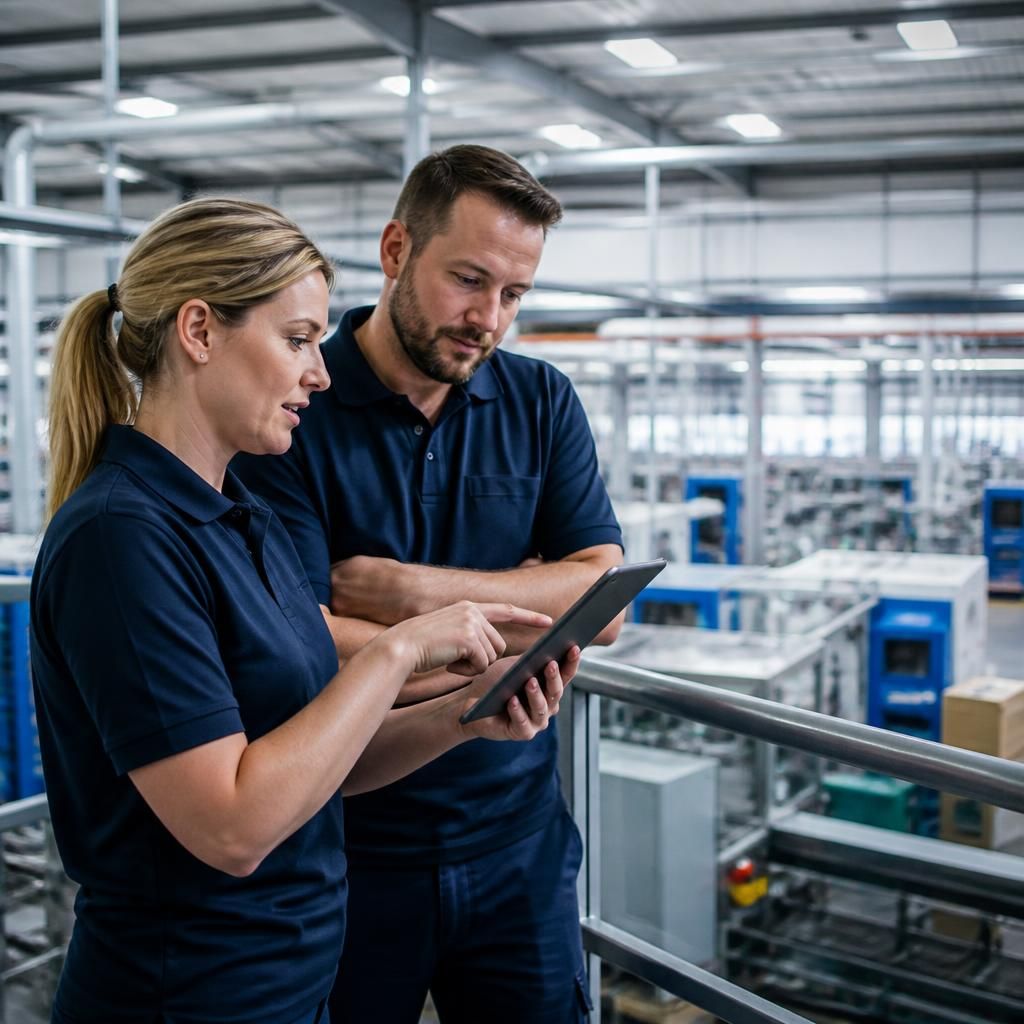 Manufacturing staff reviewing networked production information on a tablet